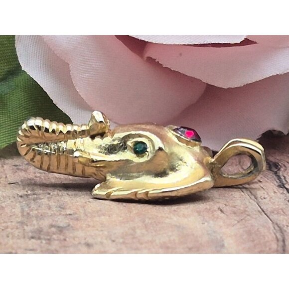 Brushed Gold Tone Elephant Face Pendant Rhinestone Green Eyes 1.25" 3-D - Picture 3 of 8